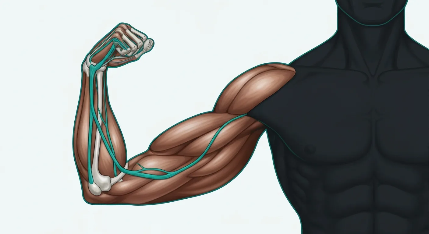 Full arm anatomy diagram showing anterior and posterior views with all major muscles labeled — biceps, triceps, brachialis, forearm extensors and flexors