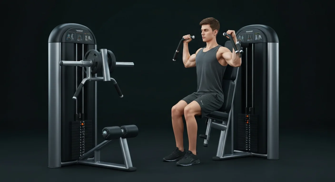 Dual-function bicep and tricep machine showing both exercise positions