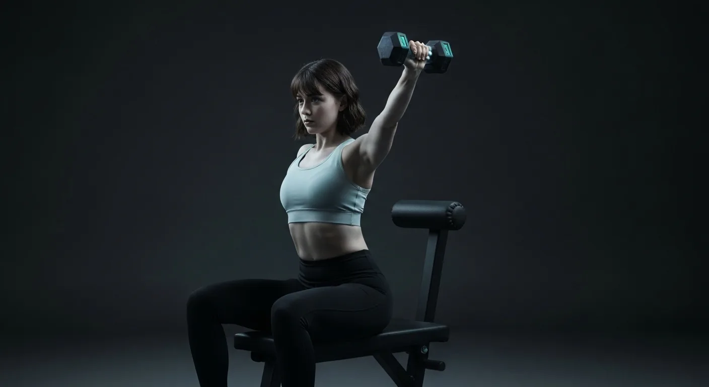 Person performing an overhead dumbbell tricep extension with form cues highlighted