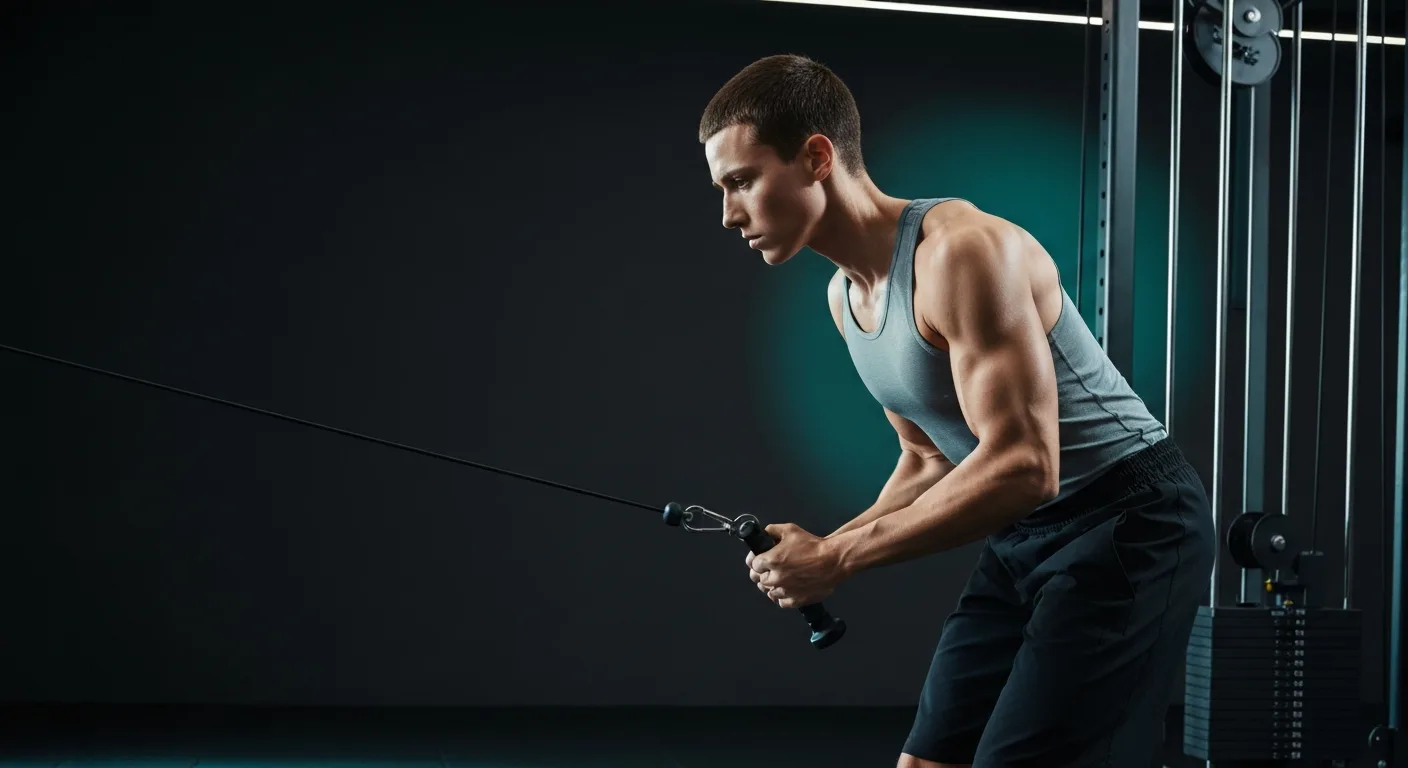 Person performing a single arm cable tricep pushdown with muscles highlighted