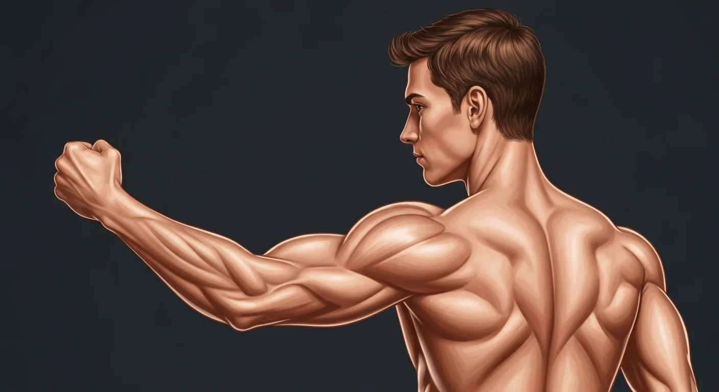 Color-coded anatomical illustration showing all three tricep heads separated and labeled — long head in blue, lateral in red, medial in green