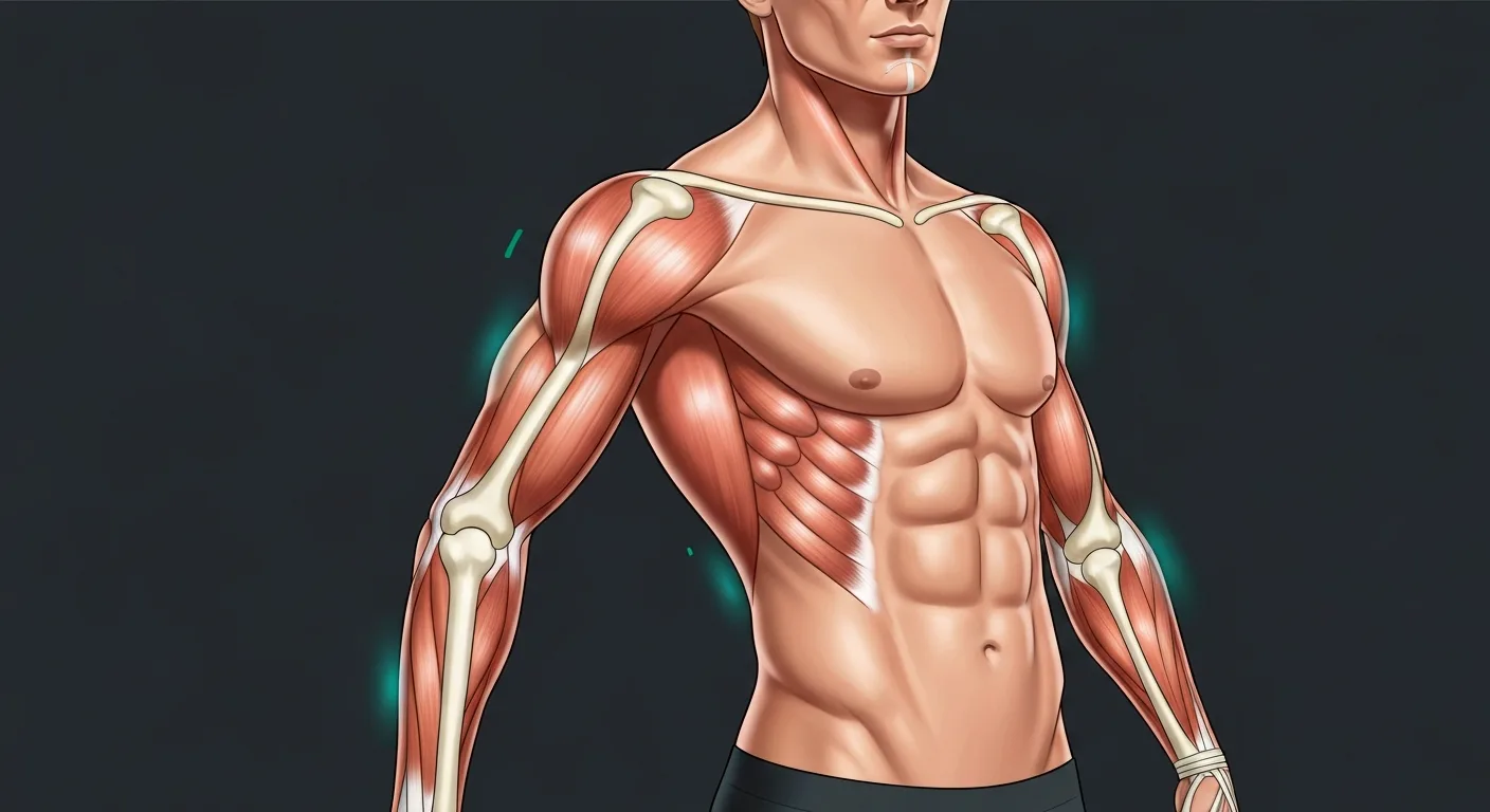 Anatomical illustration of a tricep muscle with a visible tear, medical diagram style, labeled anatomy