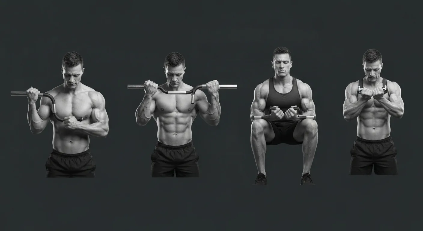 Different types of tricep bars — EZ curl bar, multi-grip bar, and Olympic tricep bar with weight labels