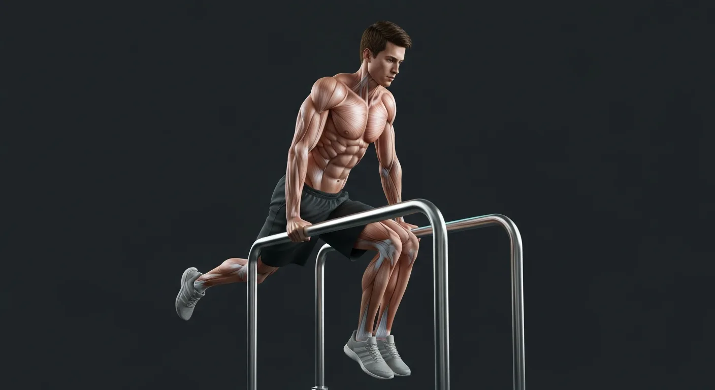 Person performing tricep dips on parallel bars with form cues highlighted