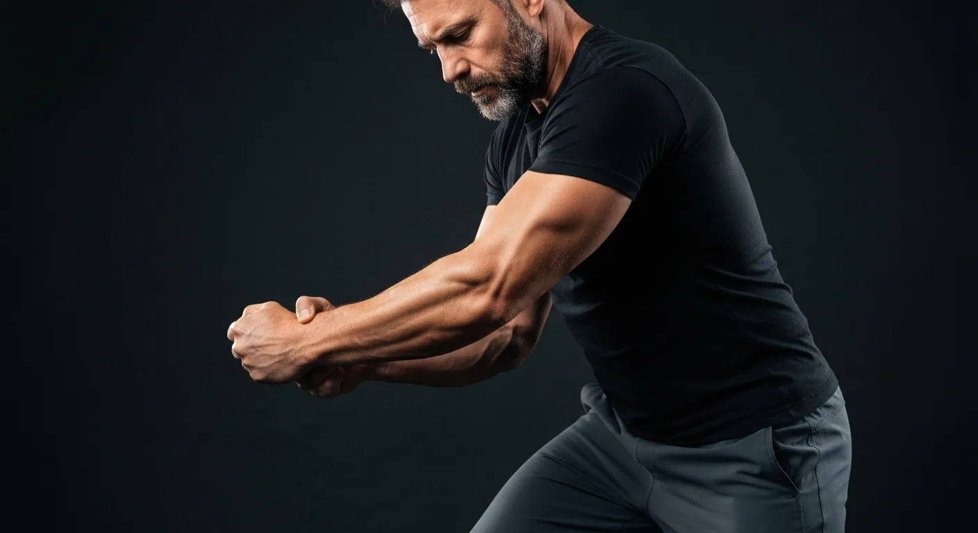 Person holding their upper arm tricep area showing pain, fitness context, clean modern illustration style