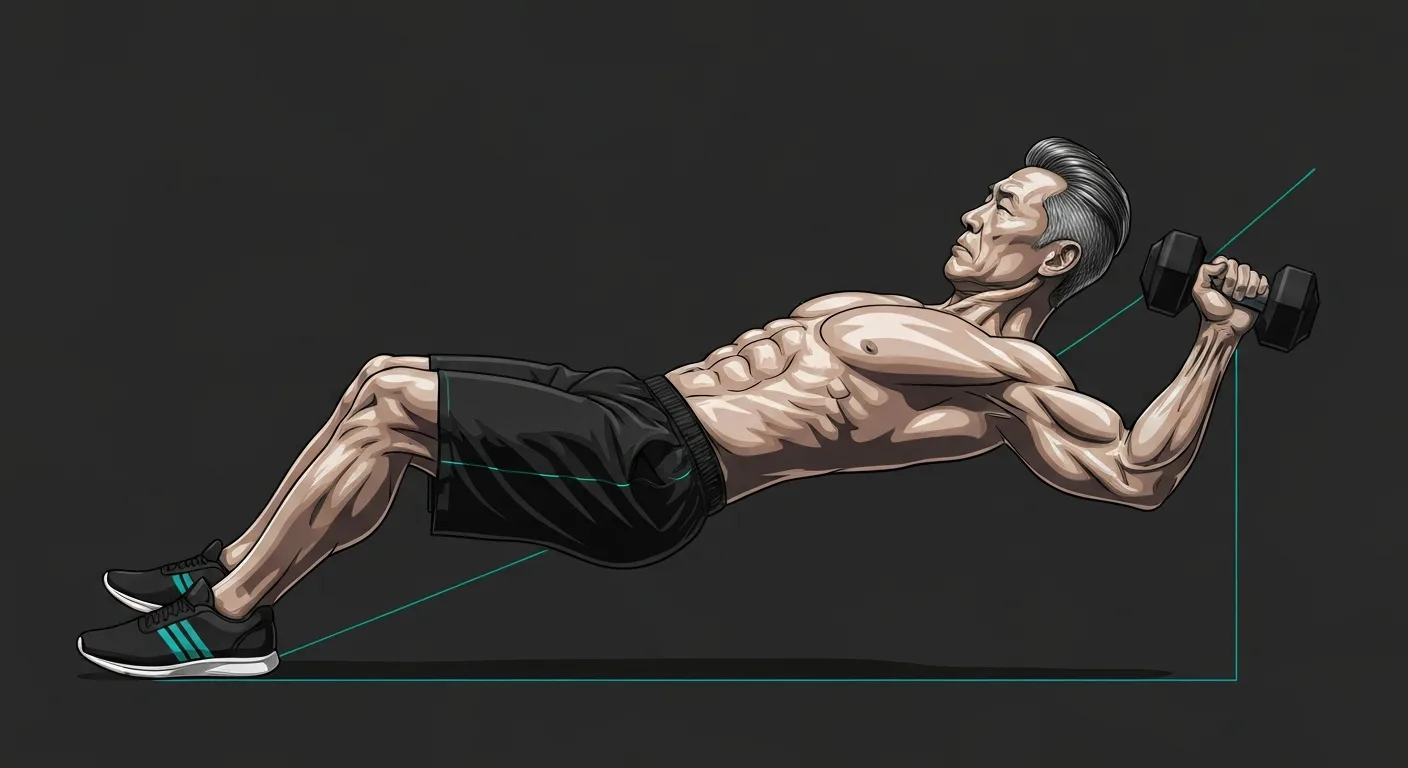 Person performing a lying tricep press with dumbbells with muscles highlighted