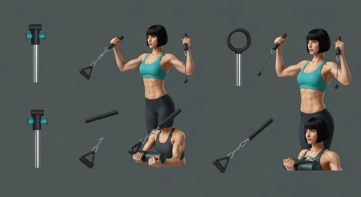 Collection of cable attachments for tricep training — rope, straight bar, V-bar, single handle