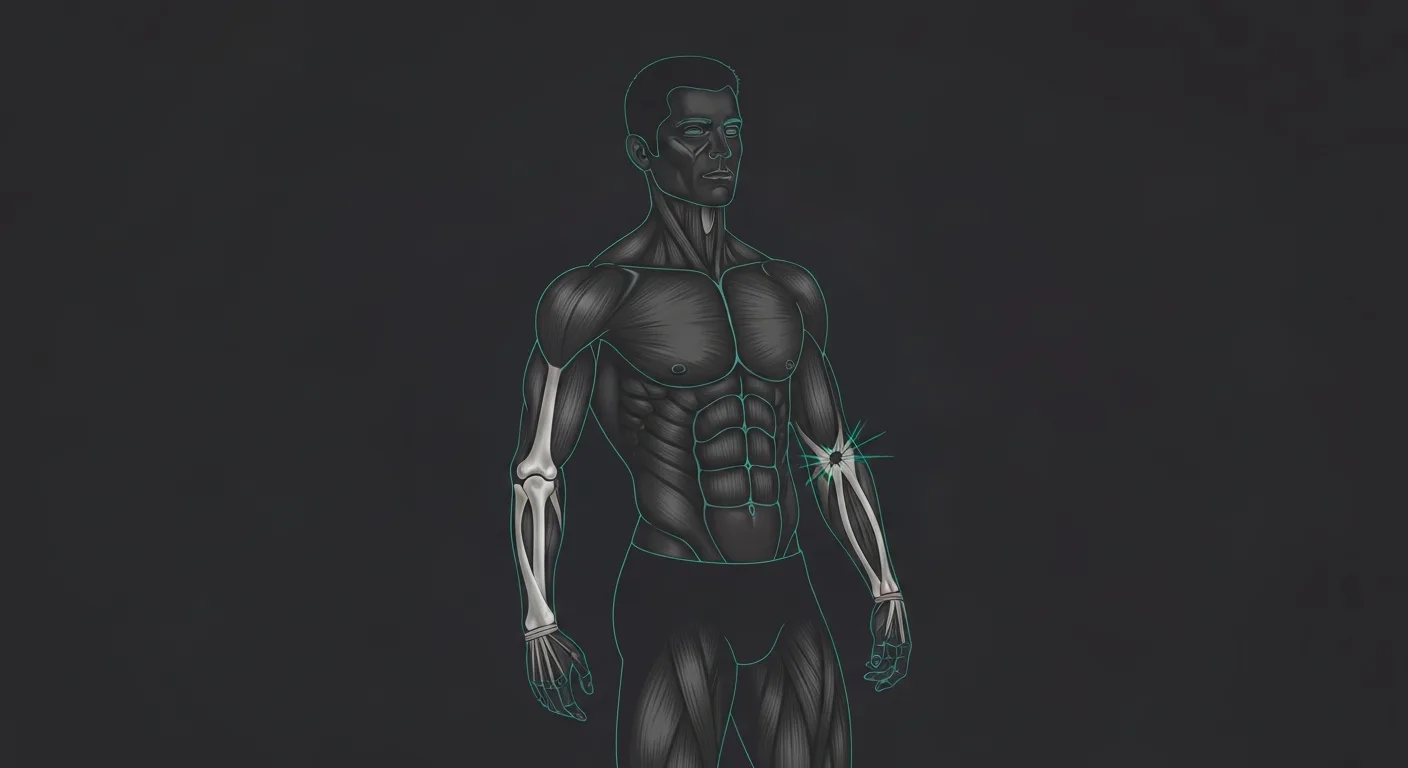 Medical illustration showing a ruptured tricep tendon detaching from the elbow, anatomical cross-section
