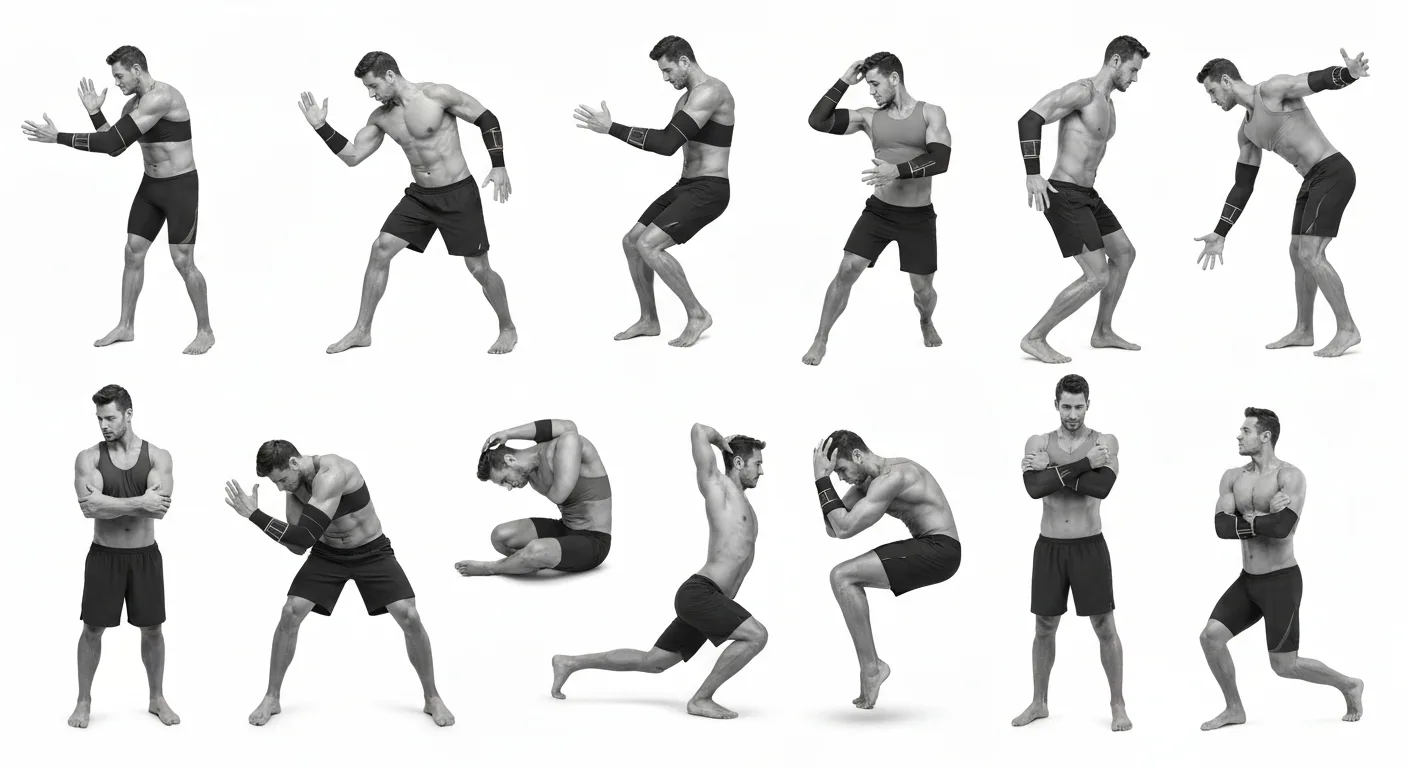 Different types of tricep braces and elbow support straps arranged for comparison