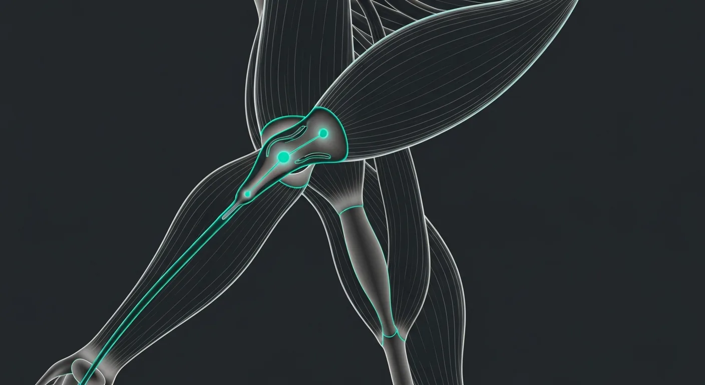 Close-up anatomical illustration of the tricep tendon at the elbow showing inflammation, medical diagram