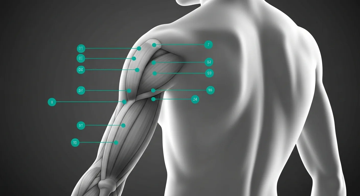 Diagram of the back of an arm showing trigger point locations in the tricep with X markers