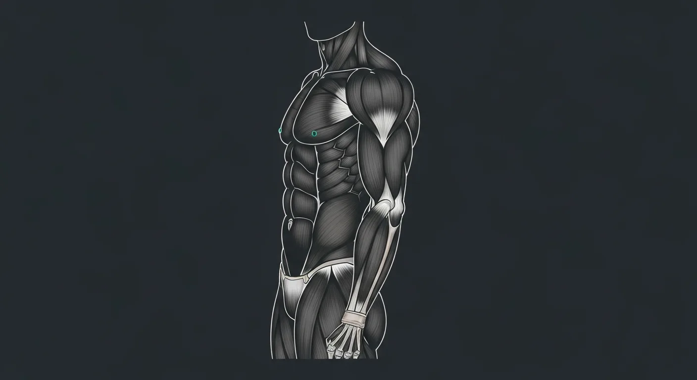Comprehensive anatomical illustration of the triceps brachii showing all three heads, origin and insertion points, nerve supply, with labels and color coding
