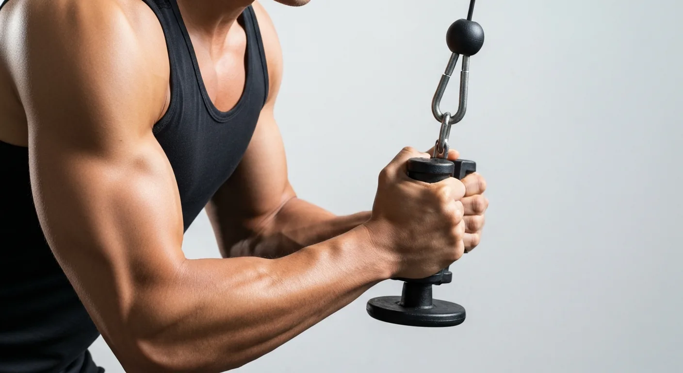 Person performing a cable triceps pushdown with proper form and muscle activation highlighted