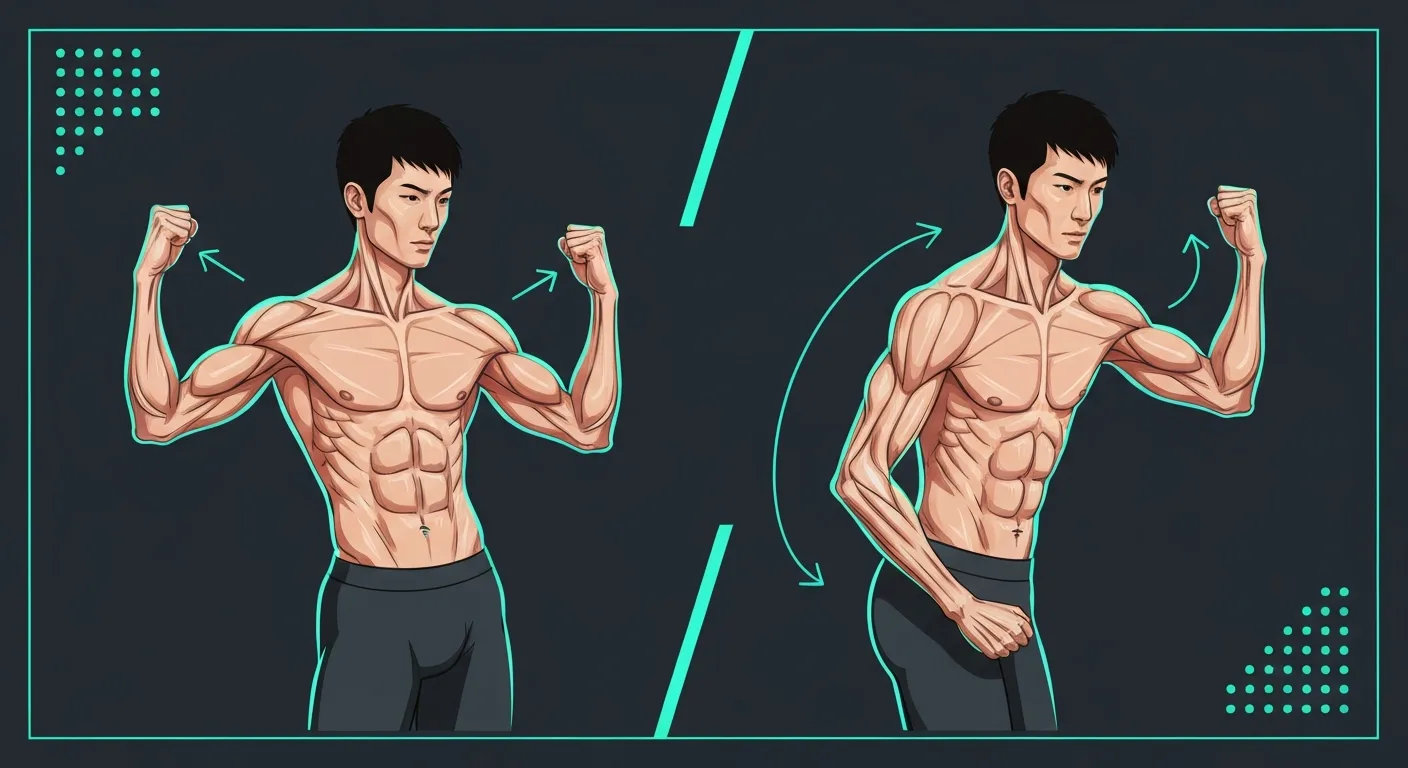 Side-by-side anatomical comparison of bicep and tricep muscles with force output indicators and size comparison
