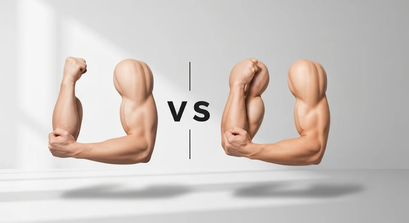 Illustration comparing a strong and underdeveloped tricep with training cues